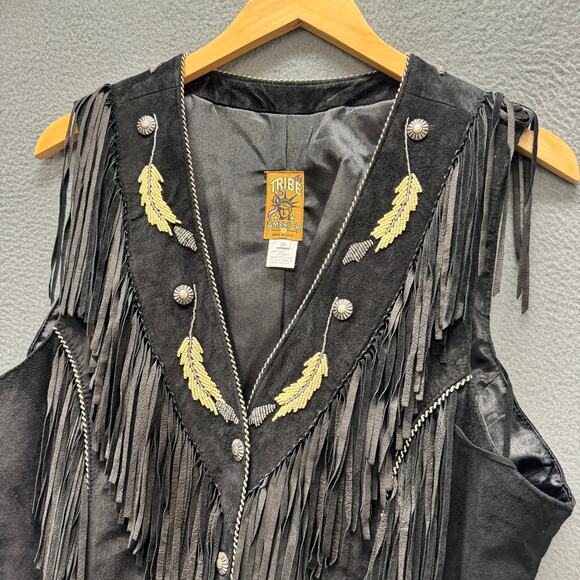 Tribe America Suede Vest Womens L/XL Black Fringe Snap Up Southwestern Beaded - Picture 3 of 7